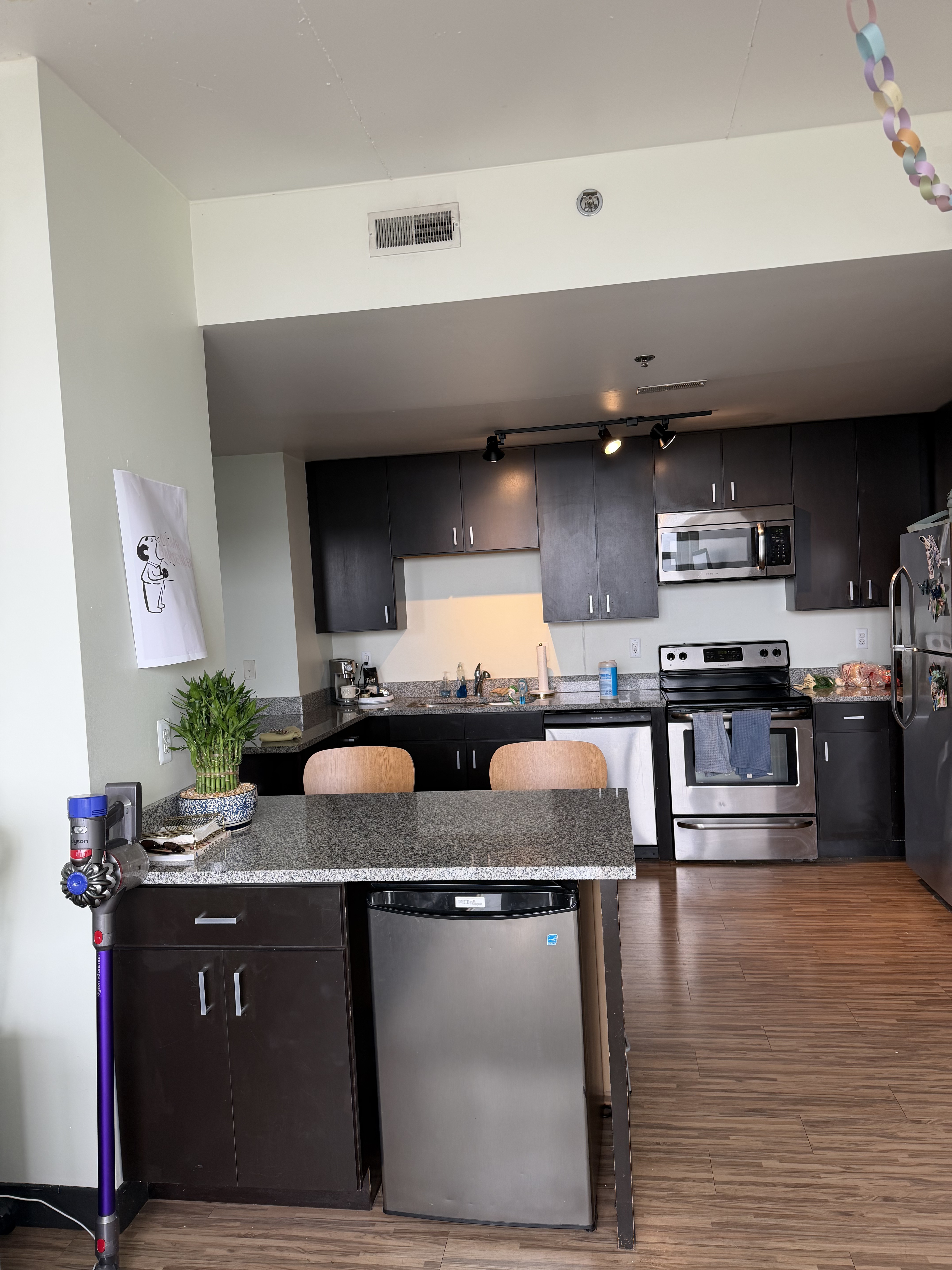 kitchen and mini fridge